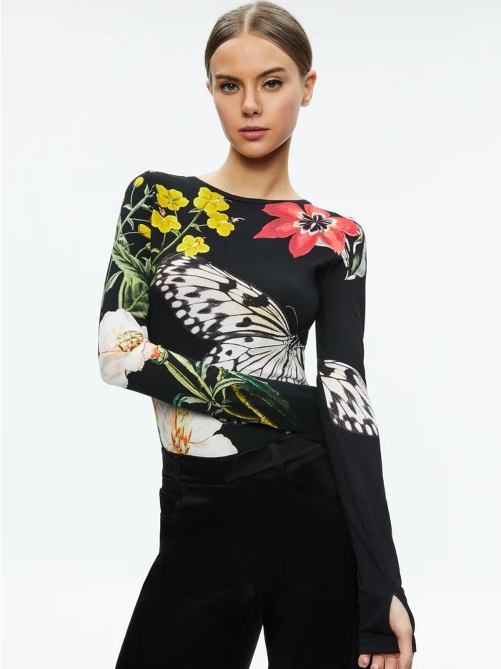 Alice + Olivia Black Floral & Butterfly Print Long-Sleeve Top Size M Like New